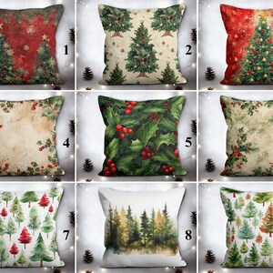 Puede incluir: Nueve cojines decorativos con diseños navideños. Los cojines presentan varios patrones, incluyendo árboles de Navidad, acebo y paisajes invernales. La paleta de colores incluye rojo, verde y dorado, perfectos para la decoración navideña.