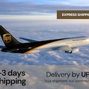 May include: A brown UPS airplane flying in a cloudy sky with the text "EXPRESS SHIPPING" and "Worldwide Services Synchronizing the world of commerce". The text "1-3 days shipping" and "Delivery by UPS Your shipment, our commitment" is below the image.