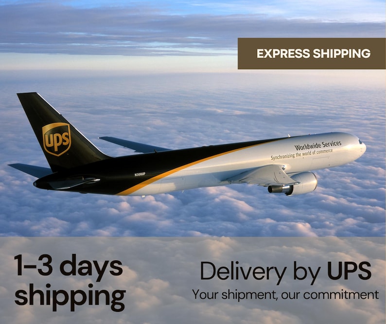 May include: A brown UPS airplane flying in a cloudy sky with the text "EXPRESS SHIPPING" and "Worldwide Services Synchronizing the world of commerce". The text "1-3 days shipping" and "Delivery by UPS Your shipment, our commitment" is below the image.