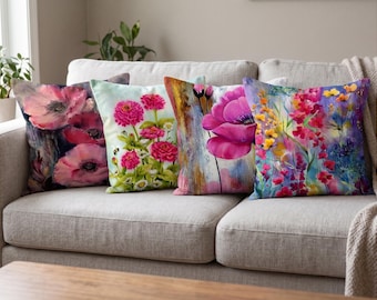 Floral Watercolor Throw Pillow Cover, Botanical Flower Cushion, Garden Decor