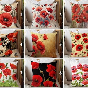 Red Poppy Pillow Covers, Floral Cushion Case, Vintage Flower Throw Pillowcase, Botanical Home Deco, Poppy Accent Pillow Slip, New House Gift