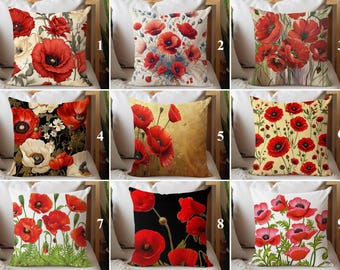 Red Poppy Floral Pillow Cover, Botanical Home Decor