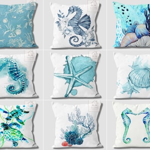 Seahorse Pillow Cover, Sea Throw Pillow Top, Decorative Marine Pillow, Ocean Life Pillow, Teal Navy Cushion, Beach House Gift, Coastal Decor