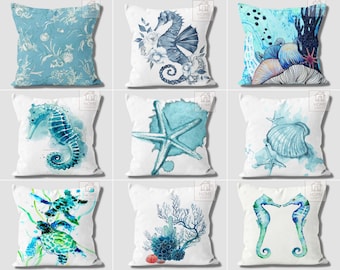 Housse de coussin hippocampe, dessus de coussin de mer, coussin décoratif marin, coussin Ocean Life, coussin bleu sarcelle, cadeau maison de plage, décoration côtière