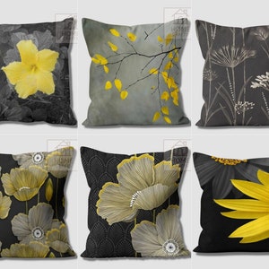 Black Yellow Floral Pillow Covers, Chic Square Pillow Top, Elegant Flower Cushion Case, Trendy Outdoor Couch Pillow Cases, Living Room Decor