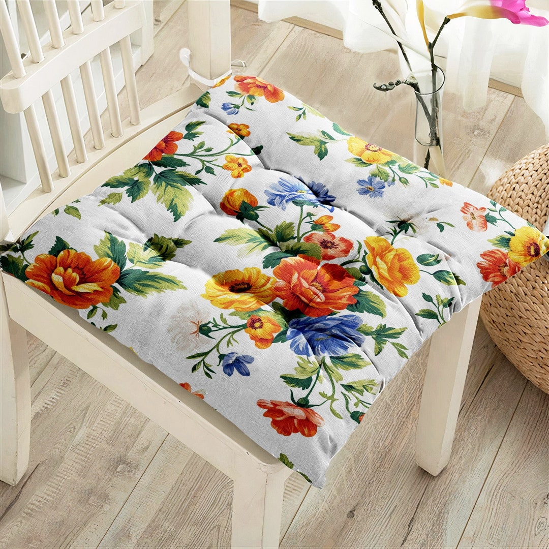 Country Flower Puffy Chair Pads, Vivid Floral Seat Cover, Stylish