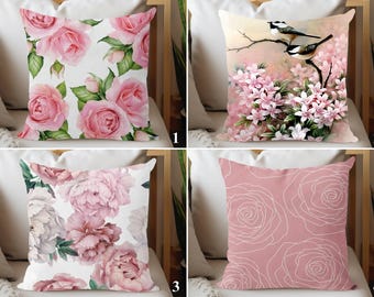 Pink Rose Print Pillow Covers, Chickadee Throw Pillow Case, New