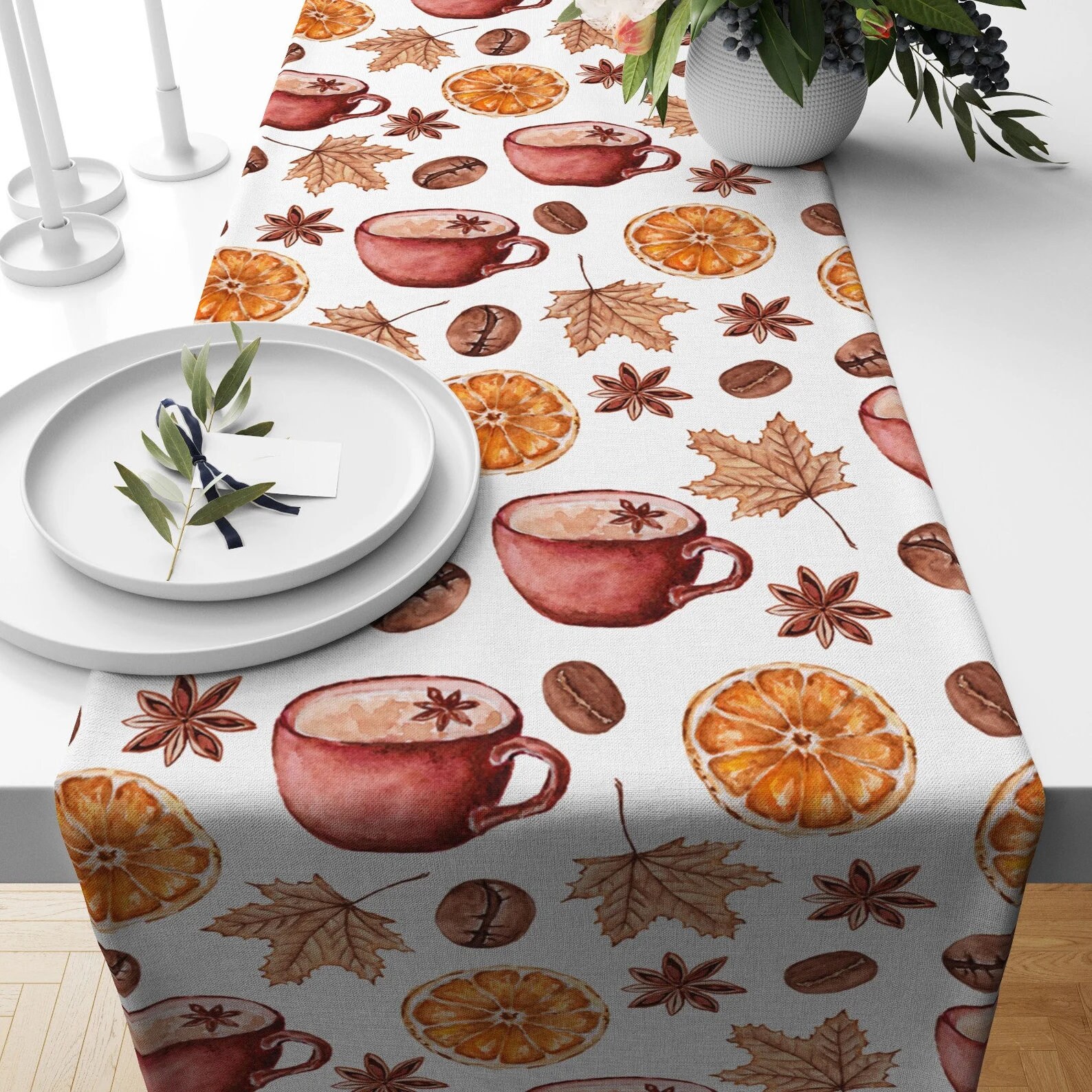 Herbst Tischläufer Mit Kürbis-Blättern – 33x178 Cm, Polyester, Waschbar, Für Esstisch-Deko