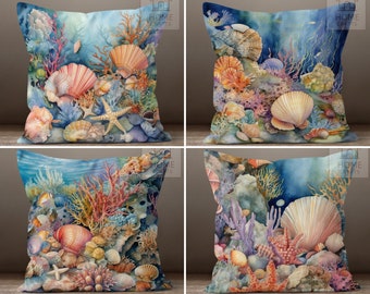 Underwater World Cushion Cover, Ocean Reef Paradise Pillow Cover, Underwater Panorama Pillowcase, Marine World Pillow, Nautical Throw Pillow