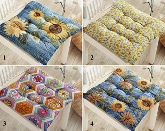 Sunflower Waterproof Seat Pads, Floral Outdoor Chair Cushion, Farmhouse Cushion Pads, Water Resistant Cottage Cushion, Country Seat Cushion