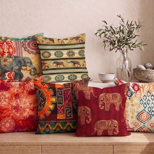 Boho Elephant Pillow Cover, Indian Mandala Cushion Case, African Safari Decor