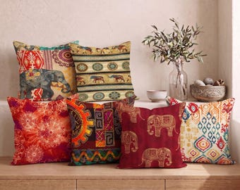 Boho Elephant Pillow Cover, Indian Mandala Cushion Case, African Safari Decor