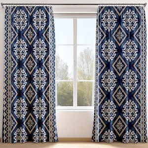 Tende etniche blu navy, tende geometriche boho, tende mediterranee, tende ornamentali kilim classiche, pannelli per tende personalizzati
