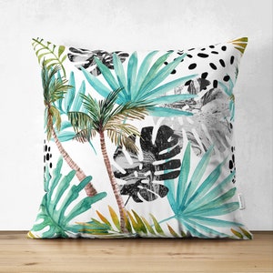 Palm Tree Pillow Shams, Tropical Blue Leaves Pillow Covers, Monstera Leaf Printing Sofa Cushion, Feather Decorative Pillow Case, Home Design Pattern #1