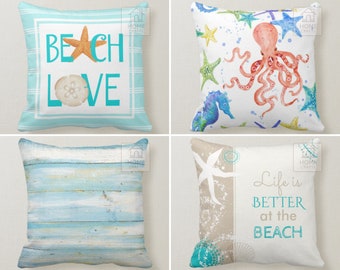 Starfish Design Pillows, Teal Pillow Cover, Octopus Throw Pillow Case, Beach Love Pillow, Sea Themed Cushion Case 16x16, 18x18, 20x20, 24x24