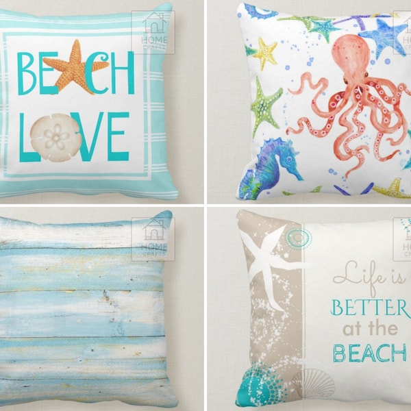 Starfish Design Pillows, Teal Pillow Cover, Octopus Throw Pillow Case, Beach Love Pillow, Sea Themed Cushion Case 16x16, 18x18, 20x20, 24x24