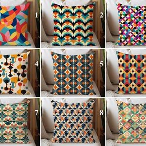May include: Nine different cushion covers featuring geometric patterns in shades of blue, orange, yellow, red, green, and white. The patterns are inspired by mid-century modern design.