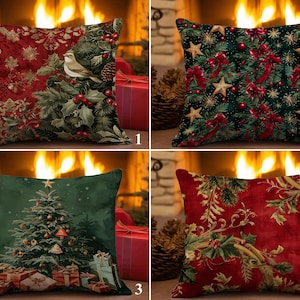 May include: Four Christmas-themed throw cushions. Designs include a bird on holly, a Christmas tree, a festive pattern with stars and bows, and a holly and floral pattern. The cushions are square and have a soft, textured appearance.