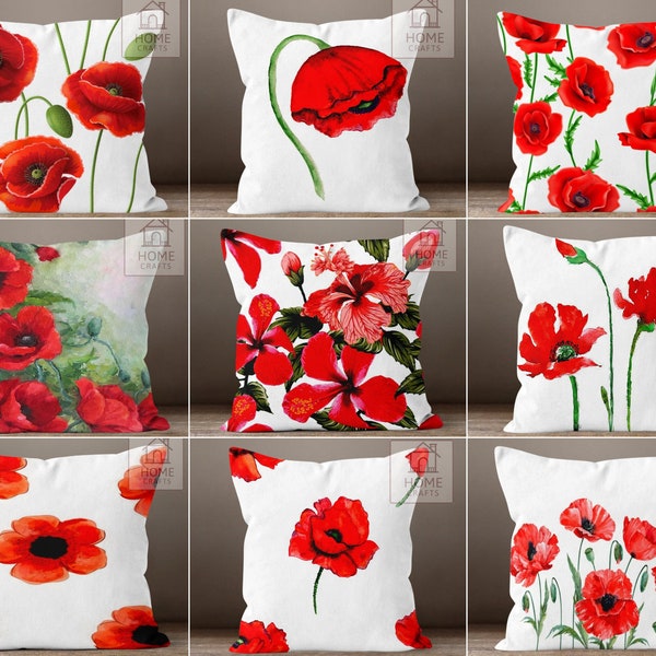 Red Poppies Pattern Pillow Case, Stunning Stylish Flower Pillow Cover, Red Floral Throw Pillow Topper, Patio Pillow Sham, Elegant Home Decor