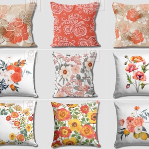Orange Flower Toss Pillow Covers, Orange Pillow Case, Decorative Cushion Cover, Vintage Flower Outdoor Pillow Sham, Bedding Decor, Home Gift