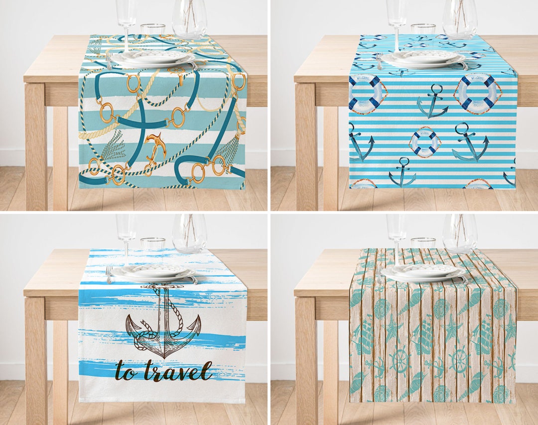 Anchor Table Decor, Turquoise Table Cover, Navy Kitchen Runner, Light