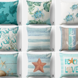 Sea Turtle Pillow Cover, Nautical Outdoor Pillows, Decorative Pillows, Ocean Life Pillow, Starfish Cushion, Beach House Gift, Coastal Decor
