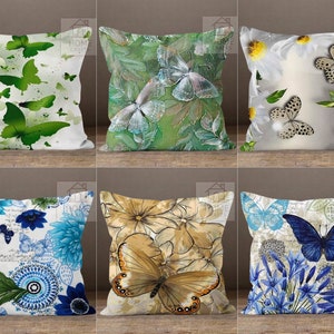 Funda de almohada decorativa para sofá, funda de almohada de verano, almohada con estampado de mariposas vintage, cojín con acento de mariposas, almohada con flores verdes, regalo para el hogar