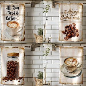 Coffee Lover Kitchen Towels, Rustic Latte Art & Coffee Bean Dish Towels, Vintage-Inspired Coffee Bar Decor for Farmhouse or Cafe Kitchen