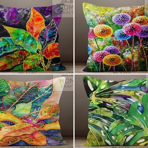 Capas de almofada com folhas coloridas, capa de almofada verde, decoração com flores multicoloridas, almofadas de verão da moda, almofada com flores tropicais, presente para a mãe