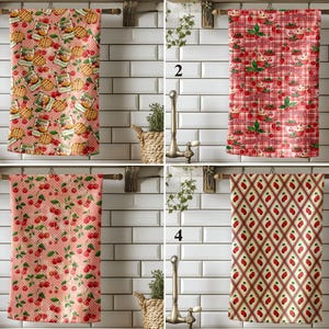 Cherry Print Kitchen Towels, Retro Fruit & Dessert Dish Towels, Pink Polka Dot Tea Towels, Vintage-Inspired Farmhouse Summer Kitchen Decor