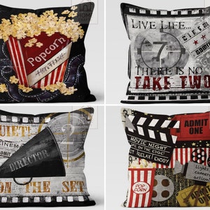 Movie Theater Pillow Cover, Retro Cinema Pillow Case, Theatre Throw Pillow, Popcorn Cushion Cover, Decorative Pillow, Movie Night Decoration