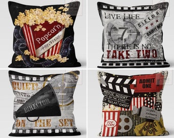 Movie Theater Pillow Cover, Retro Cinema Pillow Case, Theatre Throw Pillow, Popcorn Cushion Cover, Decorative Pillow, Movie Night Decoration