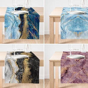 Marble Table Runner, Blue Marble Table Cover, Modern Design Tableware, Gold Table Sheet, Stylish Table Topper, Home Gift, Marble Table Decor