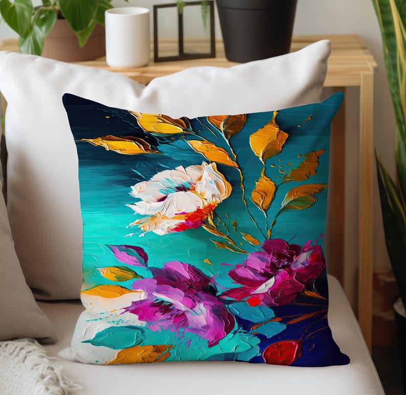 Purple Floral Pillow Cover, Decorative Throw Cushion Pattern #3