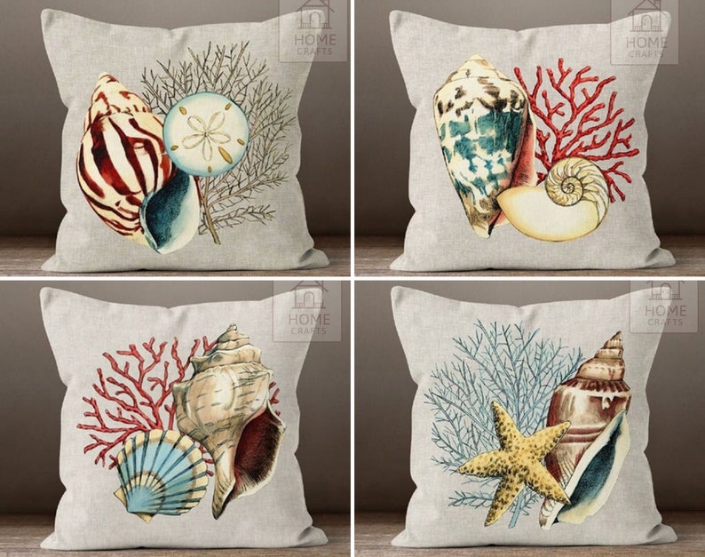 Oyster Throw Pillow Case, Coral Pillow Cover, Starfish Outdoor Cushion, Beach House Pillow Sham, Sea Shell Cushion Cover 18x18, 20x20, 24x24 image 6