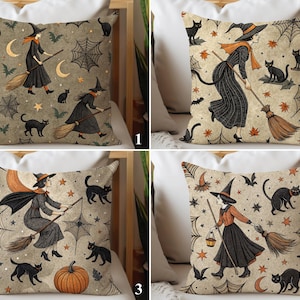 May include: Decorative throw pillows with Halloween-themed designs. Each pillow features a witch riding a broom, black cats, spiderwebs, and moons. The color palette includes black, orange, and beige.