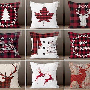 Reindeer Design Pillow Cover, Deer Throw Pillowcase, Yule Pillow Sham, Merry Christmas Pillow, Red Plaid Pillows, Xmas Gift, Christmas Decor