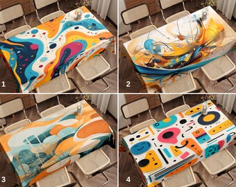 Funky Abstract Tablecloth, Mid Century Modern Table Linen, Colorful Art Deco