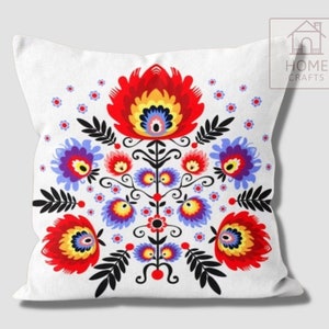 Polish Folk Art Pillow Cover, Wycinanki Flower Cushion, Colorful Ethnic Case Pattern #1