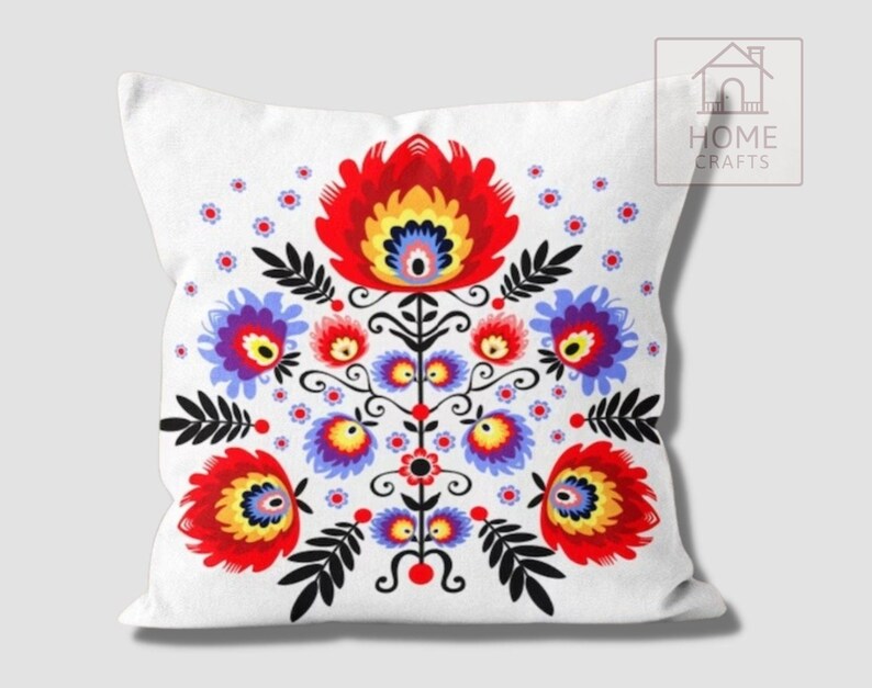 Polish Folk Art Pillow Cover, Wycinanki Flower Cushion, Colorful Ethnic Case Pattern #1