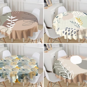 Abstract Leaves Design Round Tablecloth, Circle Table Cloth, Home Garden Table Linen, Boho Dining Table Cover, Artichoke Color Table Sheets