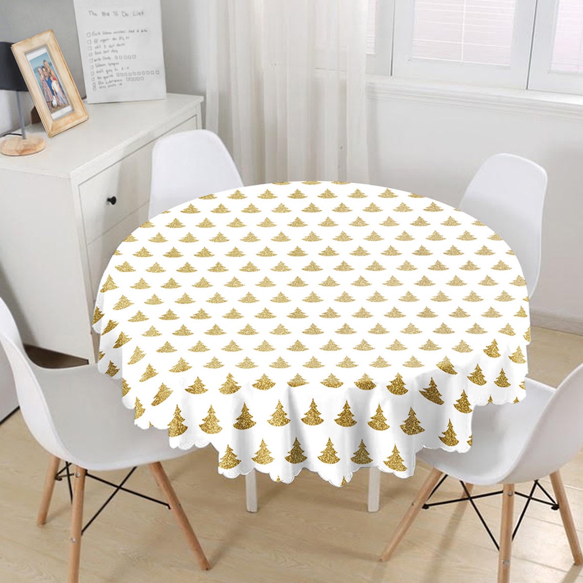 Gold Black White Christmas Tree Round Table Cloth Zigzag Etsy