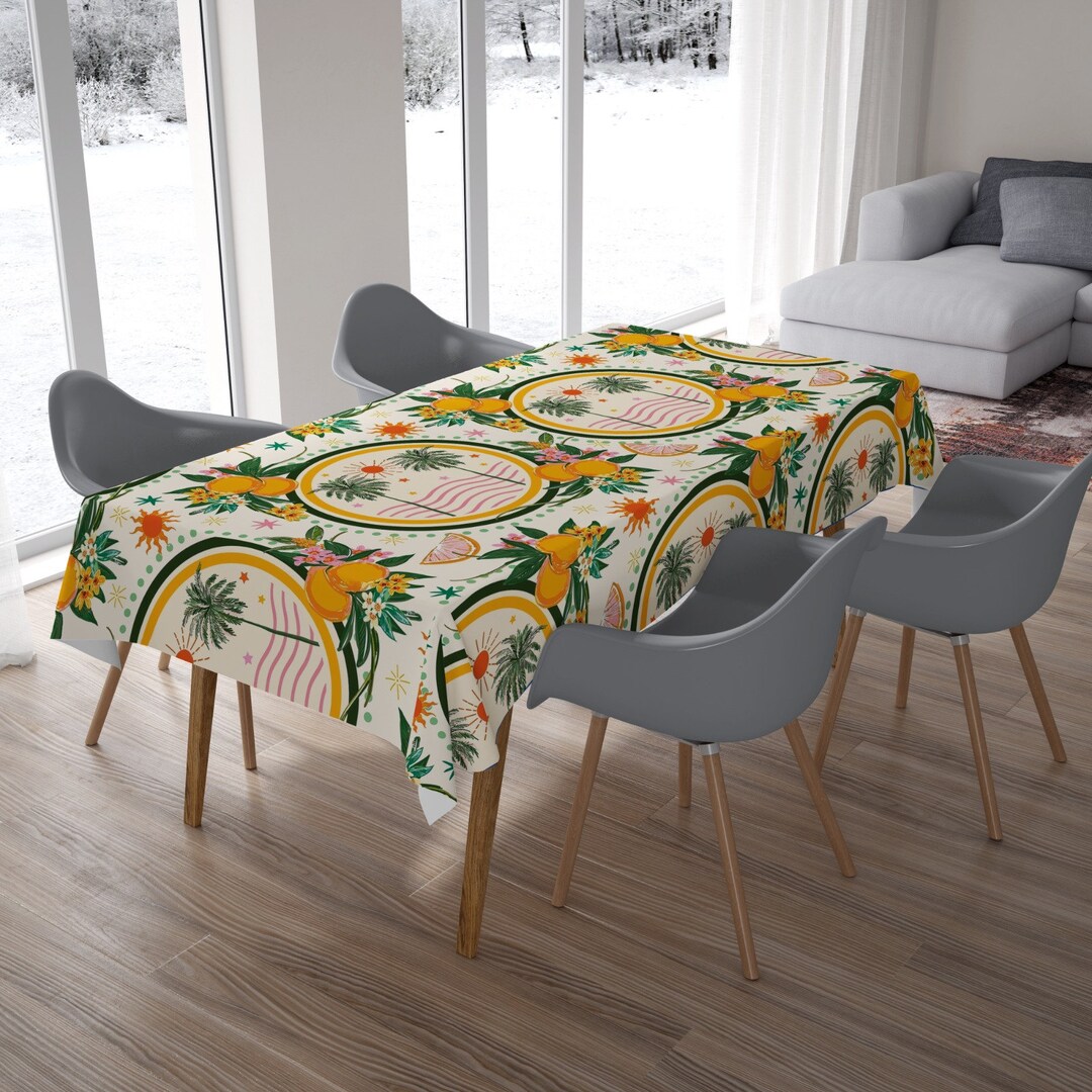 Palm Tree Pattern Table Cover, Lemon Design Tablecloth, Sun Table Sheet
