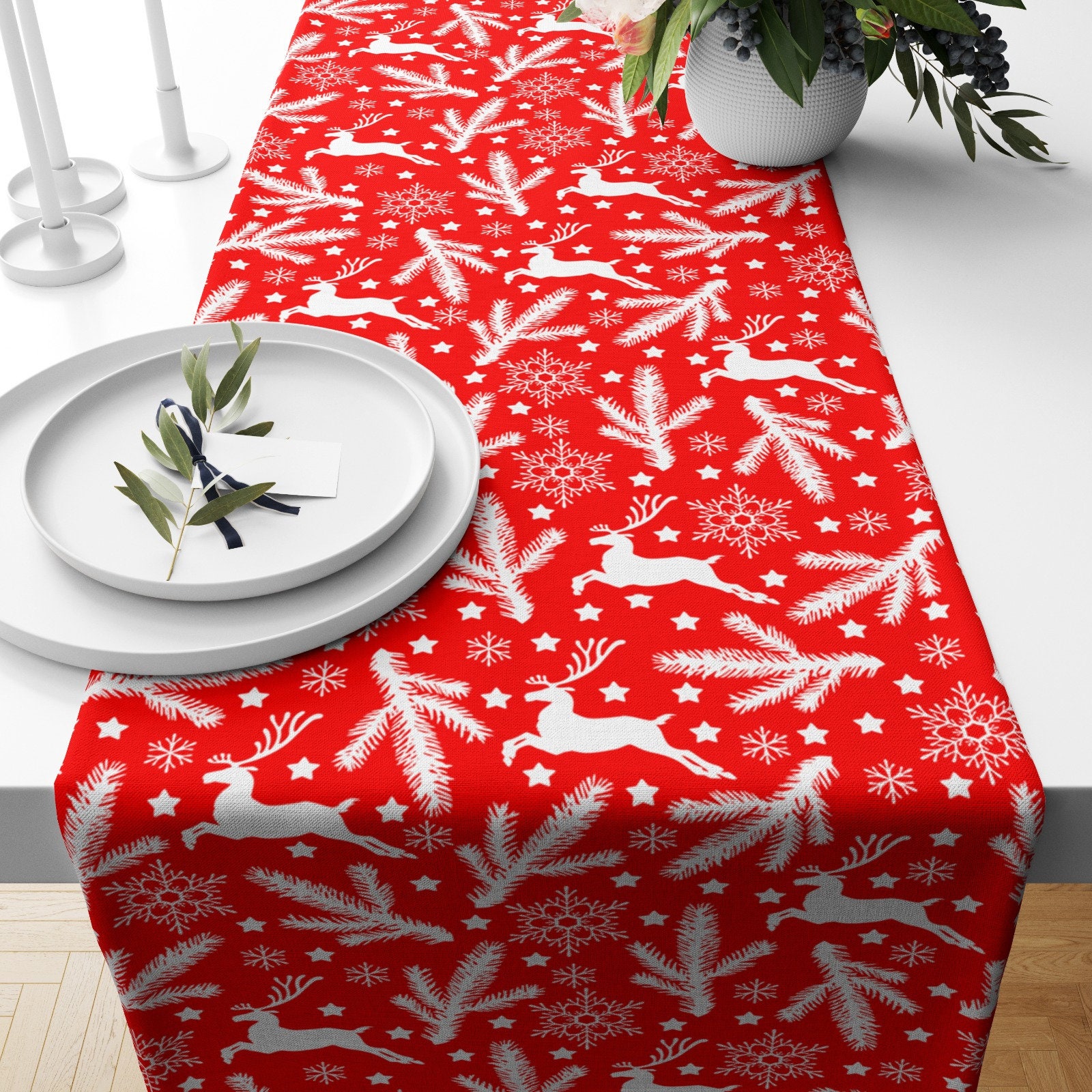 Christmas Table Runner Xmas Tree Runner New Year's Table Top Deer Table  Cloth Snowflake Table Decor Red White Runner Christmas Gift 