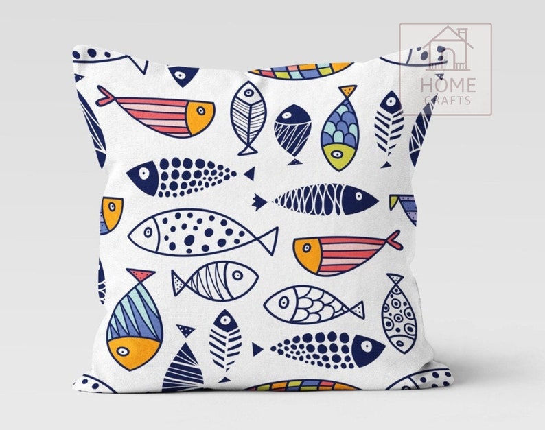 Nautical Outdoor Pillow Case, Fish Themed Pillow Cover, Decorative Pillows, Fish Restaurant Pillow, Pillow for Beach House, Coastal Decor Pattern #9