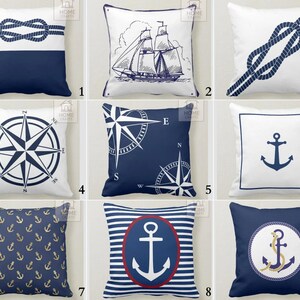 Navy Blue Throw Cushion, Beach Cushion Cover, Anchor Cushion Case, Yacht Pillow, Compass Pillow Case, Nautical Bedding Decor, Marine Cushion