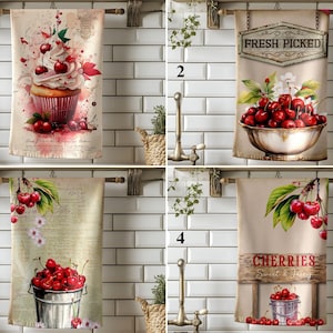 Cherry Pattern Hand Towels, Rustic Fruit Bowl & Cupcake Dish Towels, Farmhouse Vintage Kitchen Decor, Red Sweet and Juicy Cherries Tea Towel