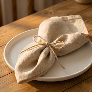 Könnte beinhalten: Eine beige Leinen-Serviette, mit Bindfaden gebunden, liegt auf einem weißen Keramikteller. Die Serviette ist gefaltet und mit einem dekorativen Knoten gebunden. Der Teller steht auf einer Holzoberfläche, die von natürlichem Licht beleuchtet wird.