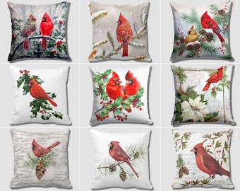 Pine Cone & Cardinal Print Pillow Covers, Redbird Cushion Cover, Noel Pillow Cases, Pine Tree Pillow Shams, Winter Pillows, Christmas Decor