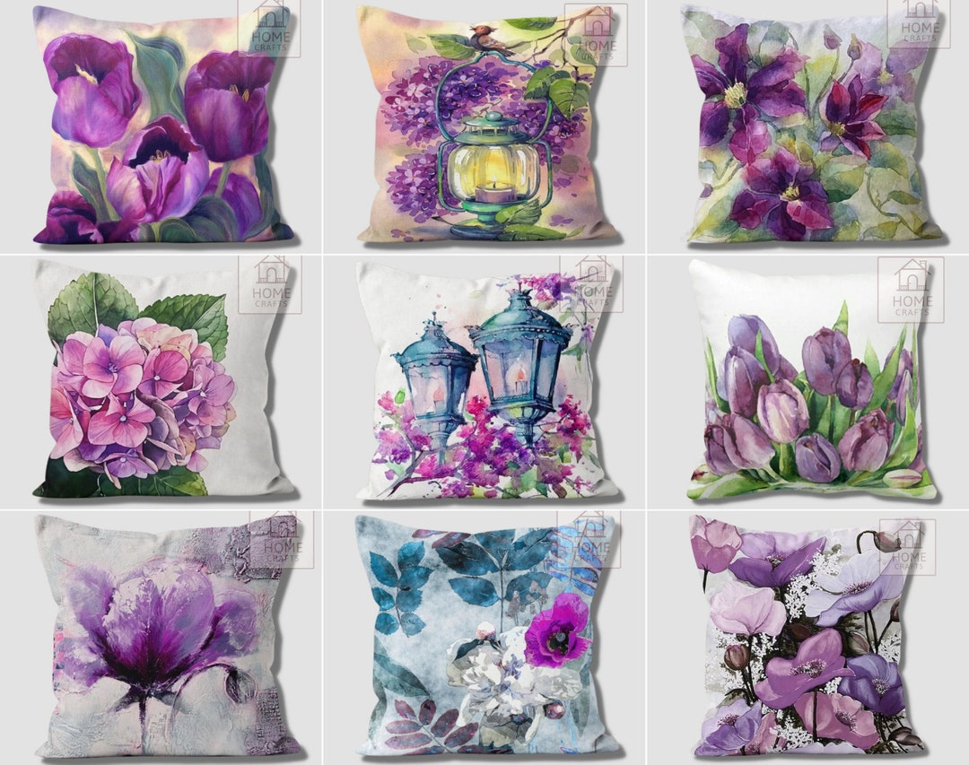 Magical Purple Flowers Pillow Cover, Hydrangea Flower Decorative Trend Pillow Case, Violet Color